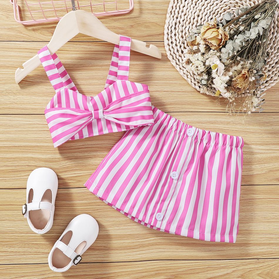 2pcs Toddler Girl Pink Stripe Bowknot Design Camisole and Button Design Skirt Set Pink