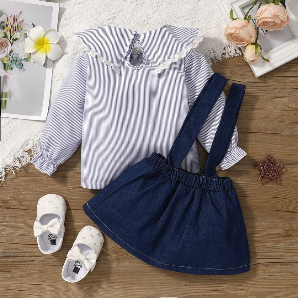 2pcs Toddler Girl Statement Collar Stripe Long-sleeve Blouse and Suspender Denim Skirt Set Blue big image 3