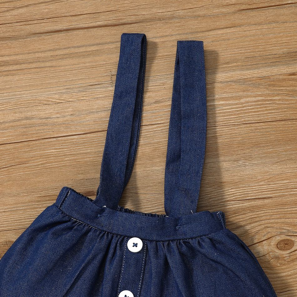 2pcs Toddler Girl Statement Collar Stripe Long-sleeve Blouse and Suspender Denim Skirt Set Blue big image 5