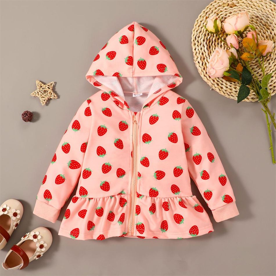 Toddler Girl Fruit Strawberry Print Ruffle Hem Pink Hooded Jacket Pink