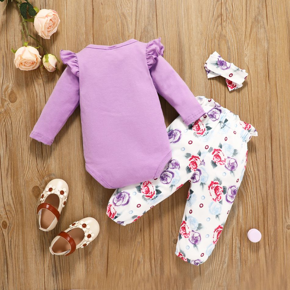 3pcs Baby Girl 95% Cotton Long-sleeve Letter Print Romper and Allover Floral Print Pants with Headband Set Purple big image 2