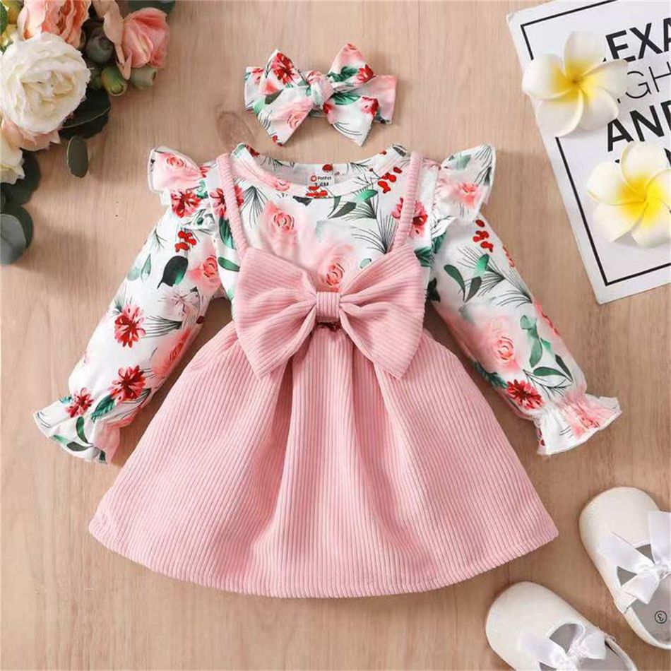 2pcs Baby Girl Ruffle Trim Long-sleeve Floral Print Spliced Corduroy Bow Front Dress with Headband Set Pink