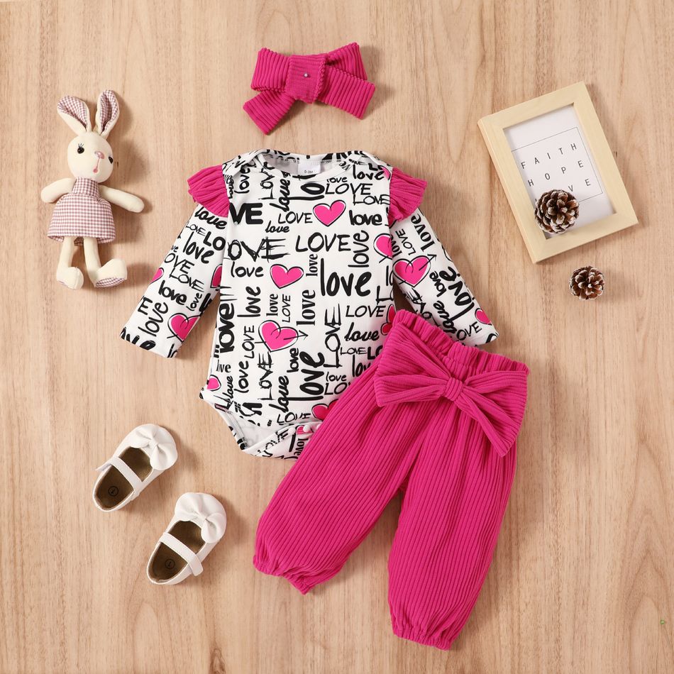 3pcs Baby Girl Long-sleeve Allover Love Heart & Letter Print Ruffle Trim Romper and Solid Corduroy Bow Front Pants with Headband Set Hot Pink