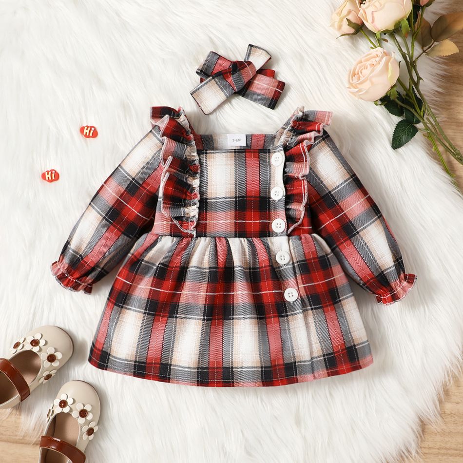 2pcs Baby Girl Plaid Ruffle Trim Button Front Square Neck Long-sleeve Dress with Headband Set Red