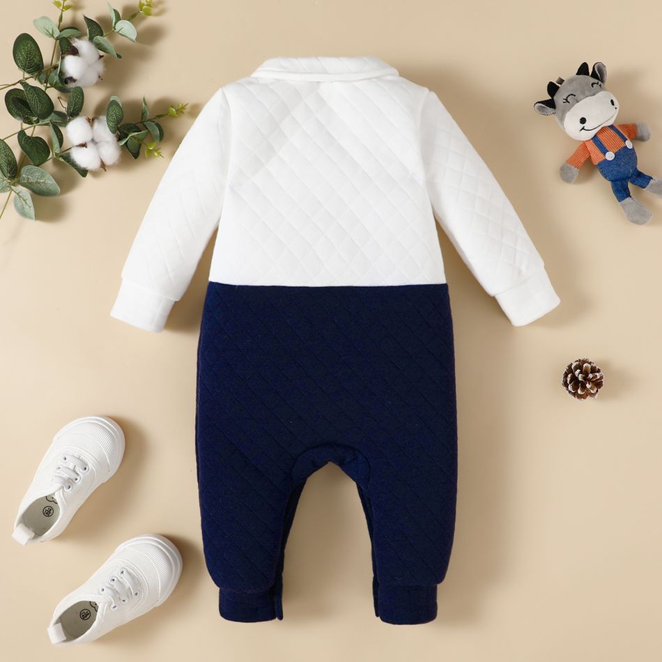 Baby Boy Thickened Textured Long-sleeve Bow Tie Decor Colorblock Spliced Jumpsuit Party Outfit White big image 2