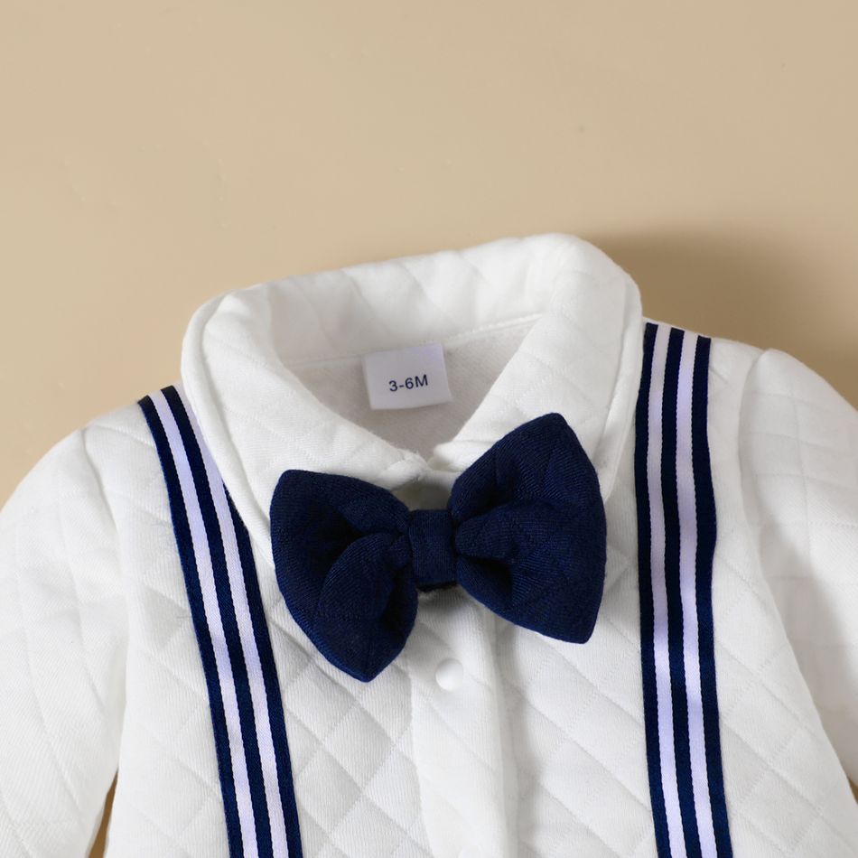 Baby Boy Thickened Textured Long-sleeve Bow Tie Decor Colorblock Spliced Jumpsuit Party Outfit White big image 3