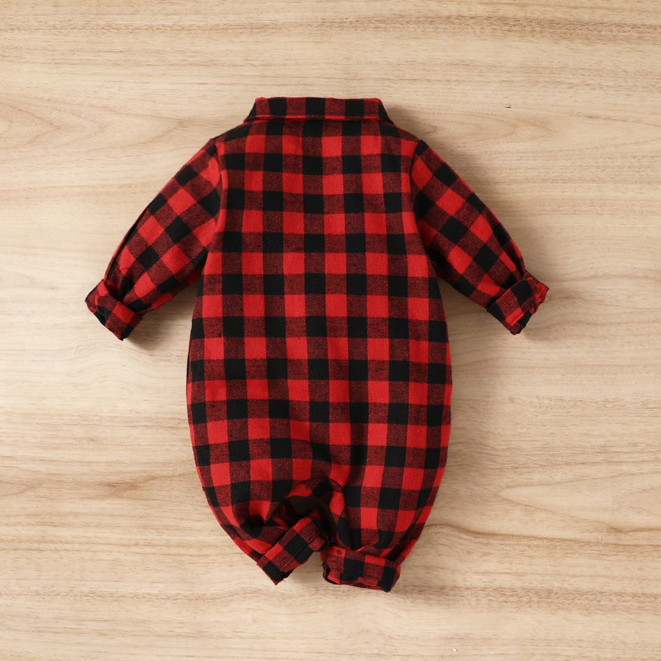 Plaid Print Lapel Collar Long-sleeve Baby Jumpsuit Red big image 5