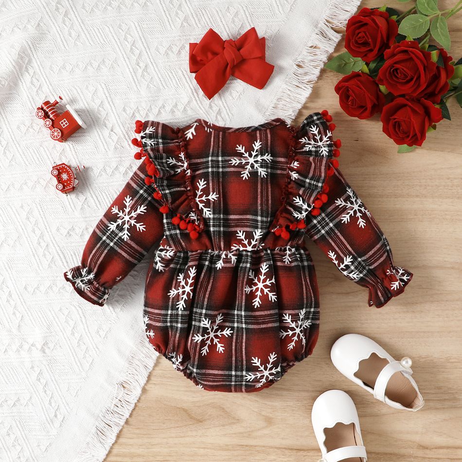 Christmas 2pcs Baby Girl Allover Snowflake Print Plaid Ruffle Long-sleeve Bow Front Pom Poms Romper with Headband Set Red big image 2