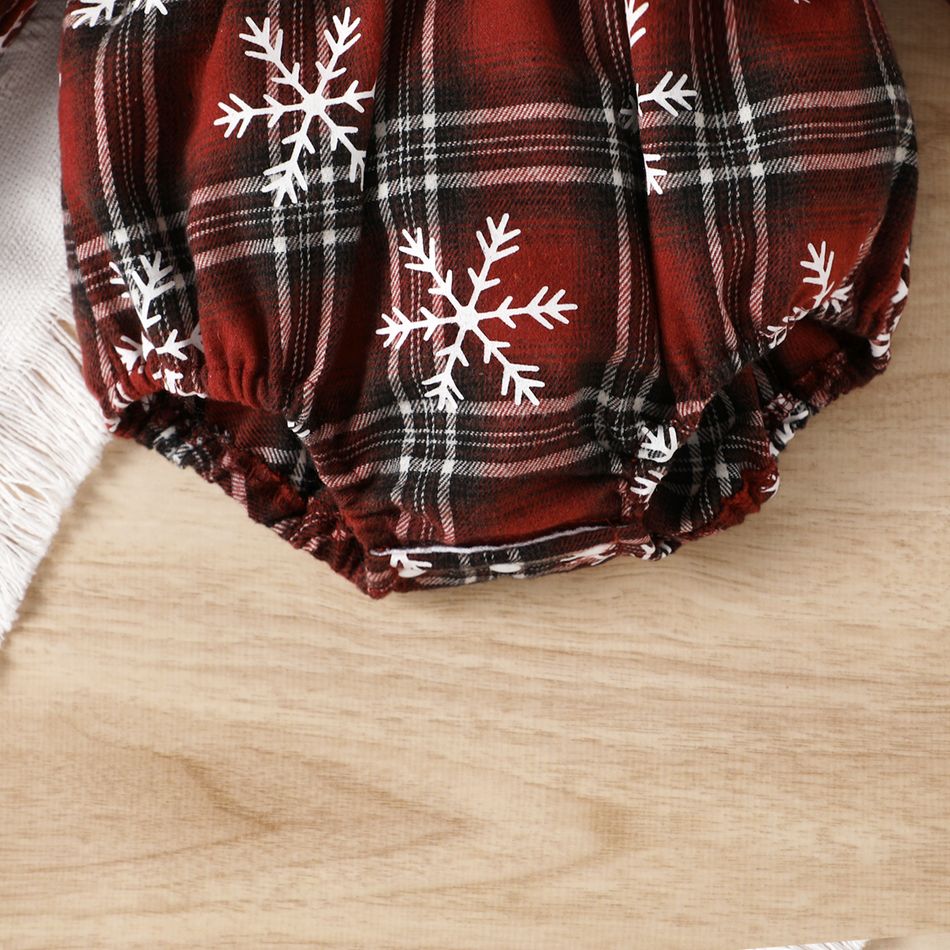 Christmas 2pcs Baby Girl Allover Snowflake Print Plaid Ruffle Long-sleeve Bow Front Pom Poms Romper with Headband Set Red big image 6
