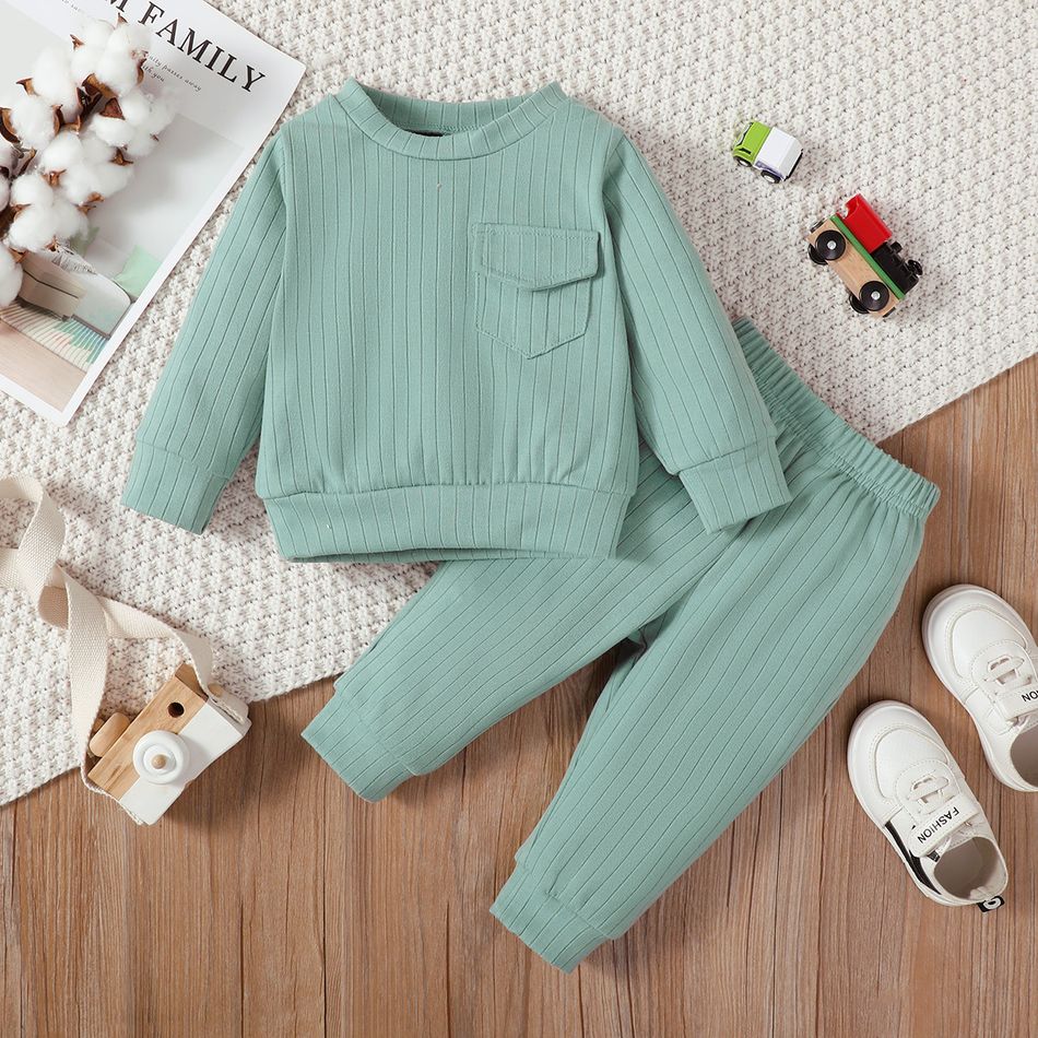 2pcs Baby Boy/Girl Solid Rib Knit Long-sleeve Sweatshirt and Sweatpants Set Green big image 3