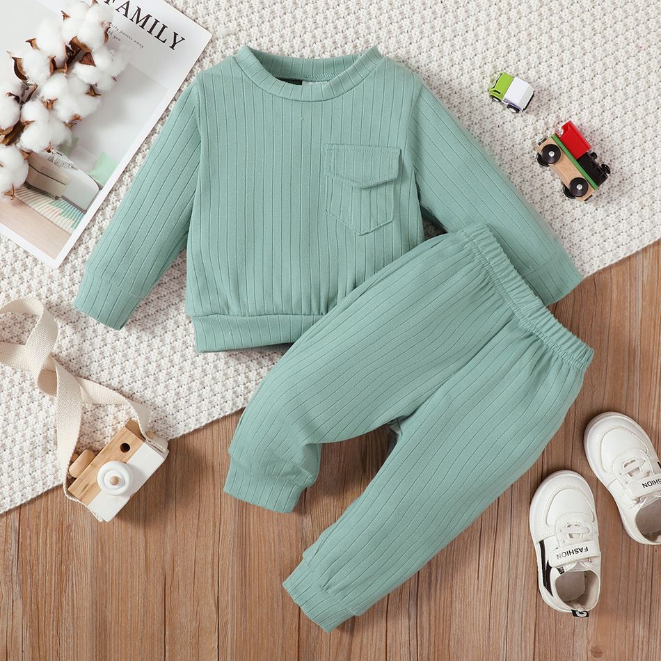2pcs Baby Boy/Girl Solid Rib Knit Long-sleeve Sweatshirt and Sweatpants Set Green big image 1