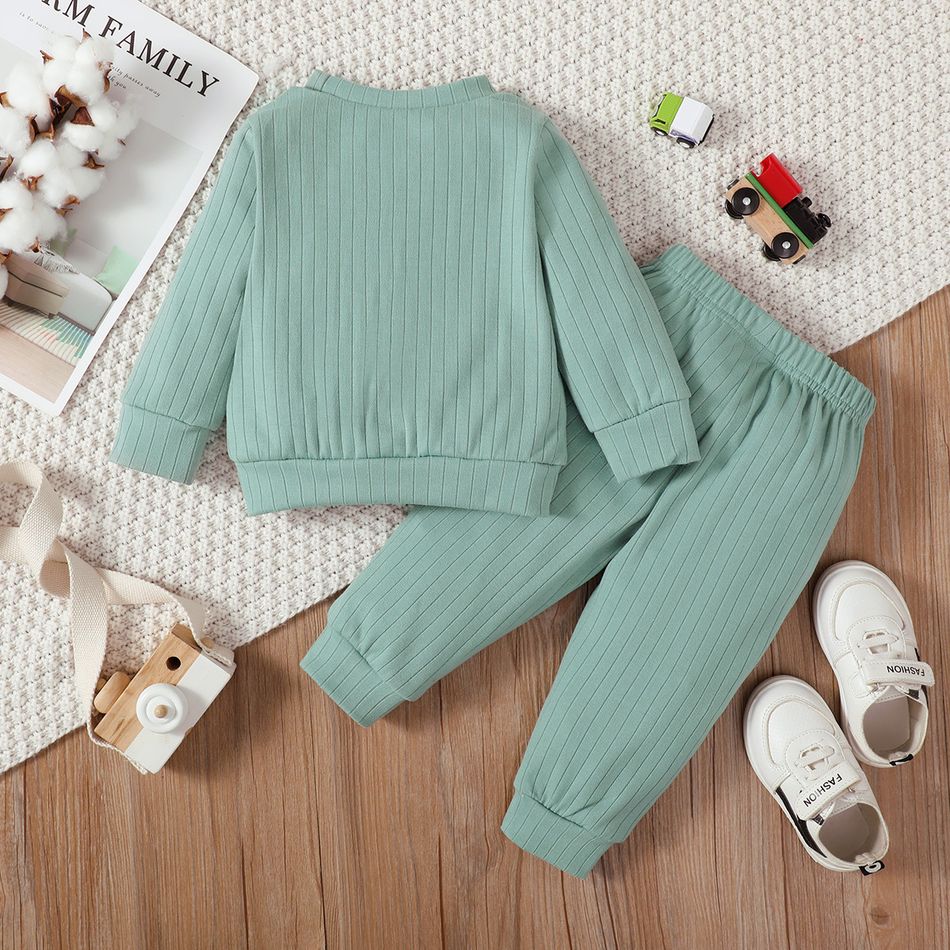 2pcs Baby Boy/Girl Solid Rib Knit Long-sleeve Sweatshirt and Sweatpants Set Green big image 4