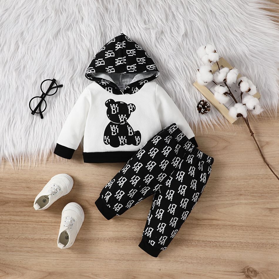 2pcs Baby Boy/Girl Bear Graphic Long-sleeve Hoodie and Allover Print Sweatpants Set White big image 2