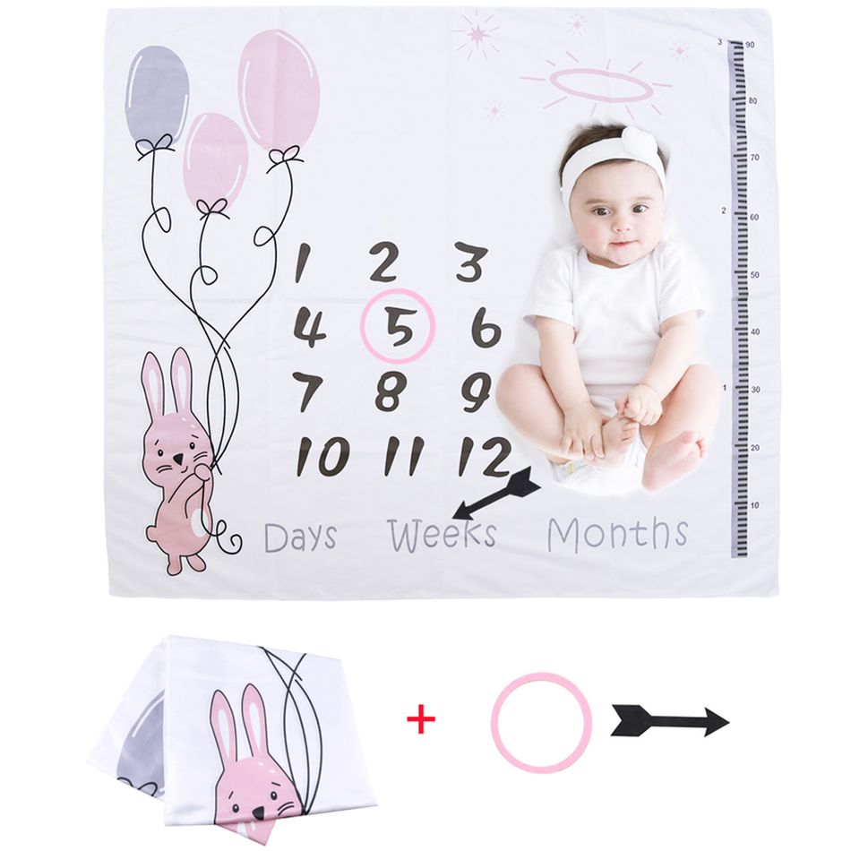 Cute Balloon Rabbit Baby Monthly Blanket Newborn baby Monthly Growth Milestone Background Blanket Photo Props Infant Growth Memorial Blanket Light Pink big image 4