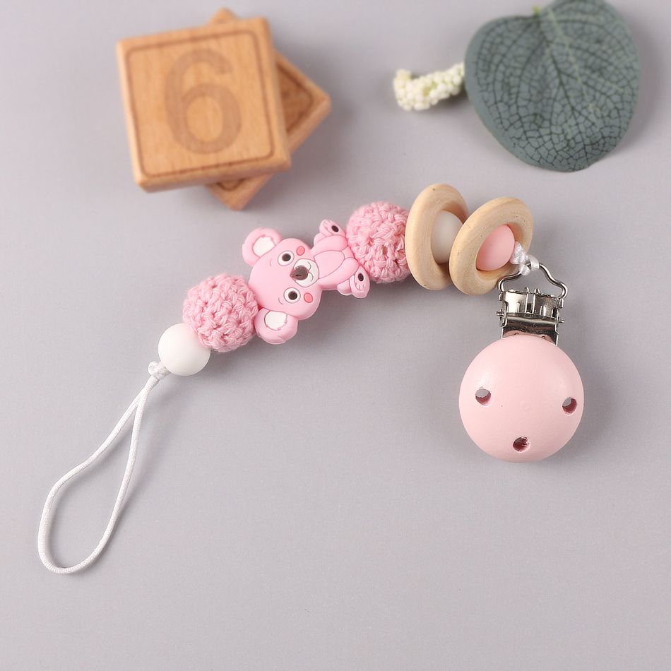 Silicone Teether Wood Beads Set DIY Baby Teething Necklace Toy Cartoon Koala Pacifier chain Clip Light Pink