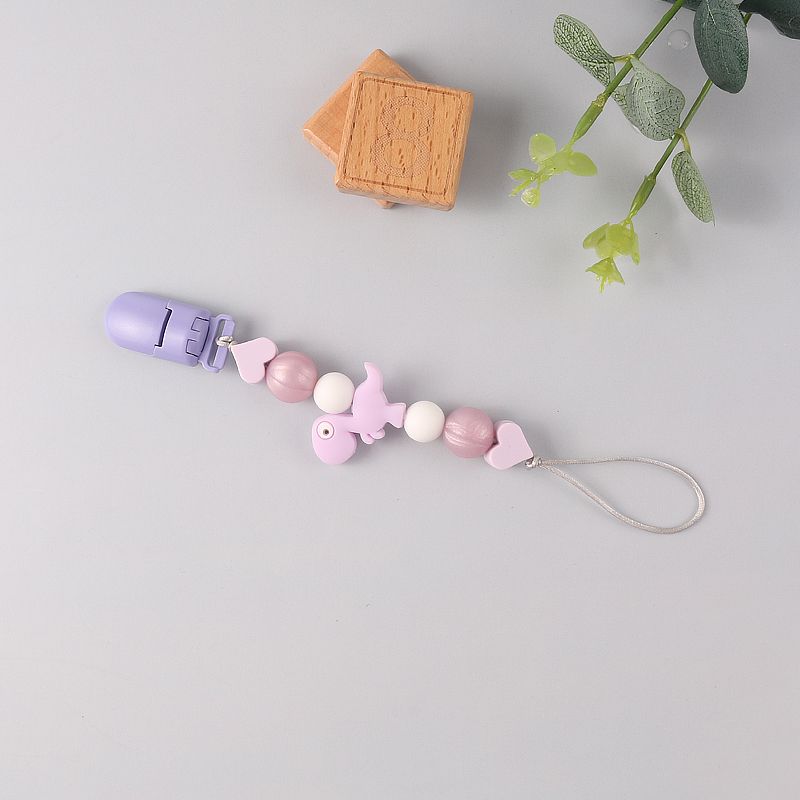 Dinosaur Cartoon Pacifier Clips  Silicone Beads Teething Relief Teether Toys or Soothie, Baby Gift Set Light Purple