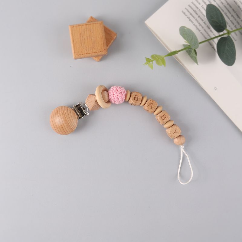 Beech Wooden Infant Baby Teething Necklace Toy Pacifier Clips Pink