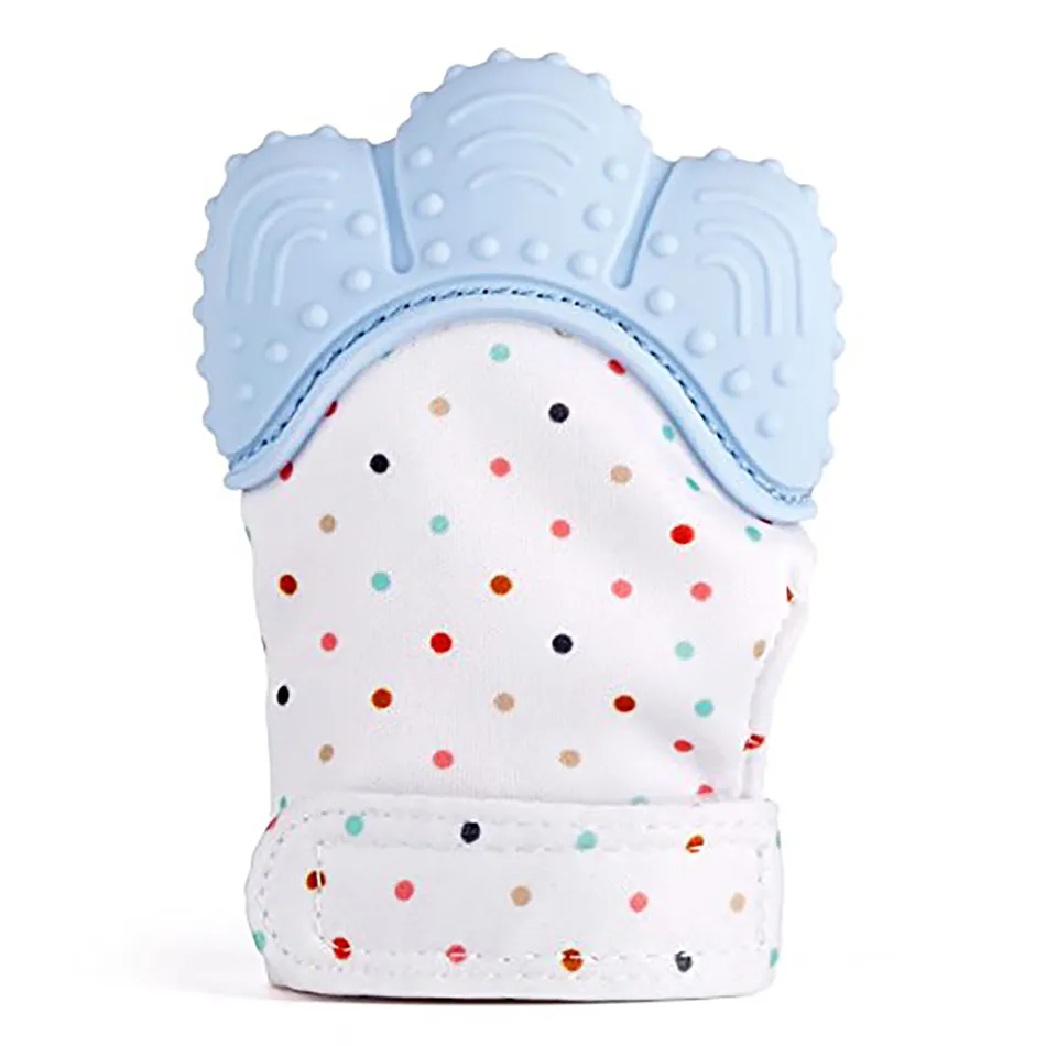 1-PC Baby Teether Gloves Squeaky Grind Teeth Oral Care Teething Pain Relief Newborn Bite Chew Sound Toys Silicone Gloves Light Blue big image 1