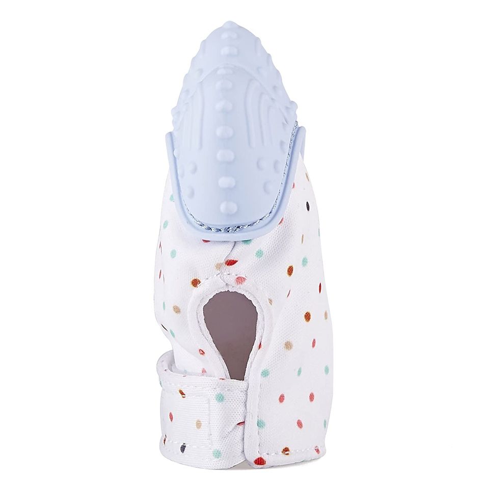 1-PC Baby Teether Gloves Squeaky Grind Teeth Oral Care Teething Pain Relief Newborn Bite Chew Sound Toys Silicone Gloves Light Blue big image 4