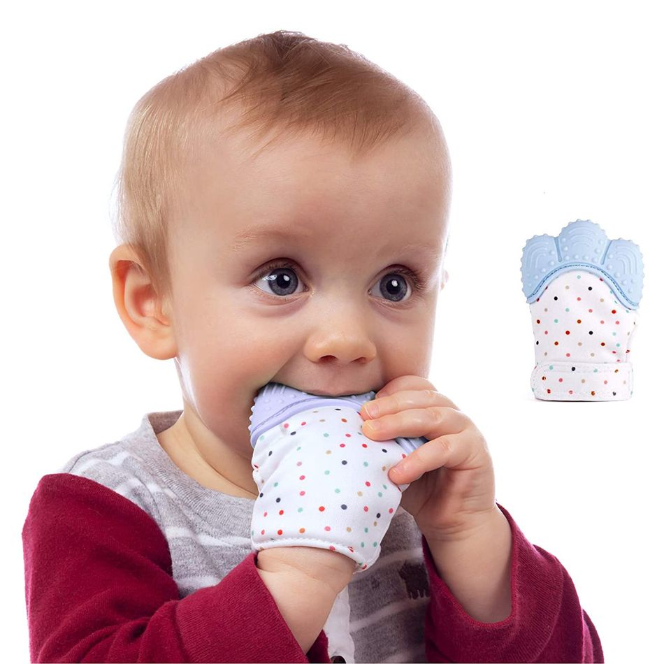 1-PC Baby Teether Gloves Squeaky Grind Teeth Oral Care Teething Pain Relief Newborn Bite Chew Sound Toys Silicone Gloves Light Blue big image 5