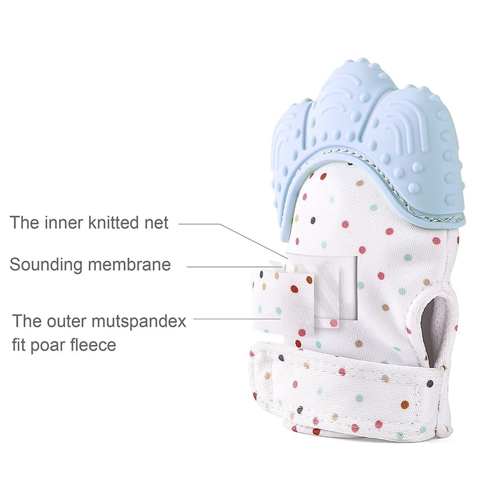 1-PC Baby Teether Gloves Squeaky Grind Teeth Oral Care Teething Pain Relief Newborn Bite Chew Sound Toys Silicone Gloves Light Blue big image 7