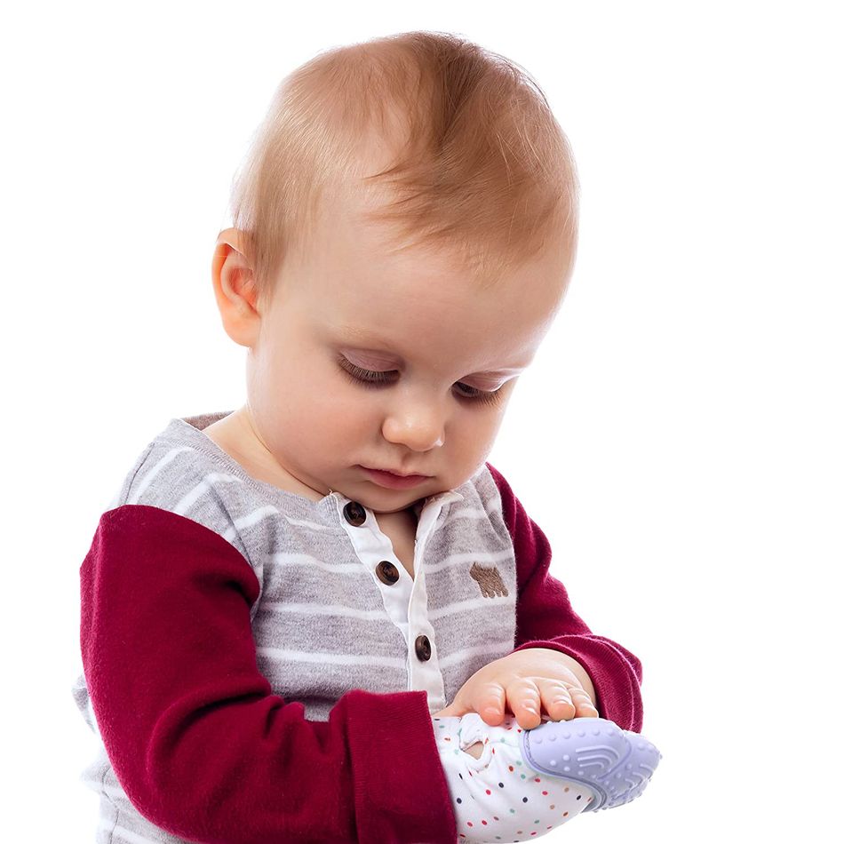 1-PC Baby Teether Gloves Squeaky Grind Teeth Oral Care Teething Pain Relief Newborn Bite Chew Sound Toys Silicone Gloves Light Blue big image 8