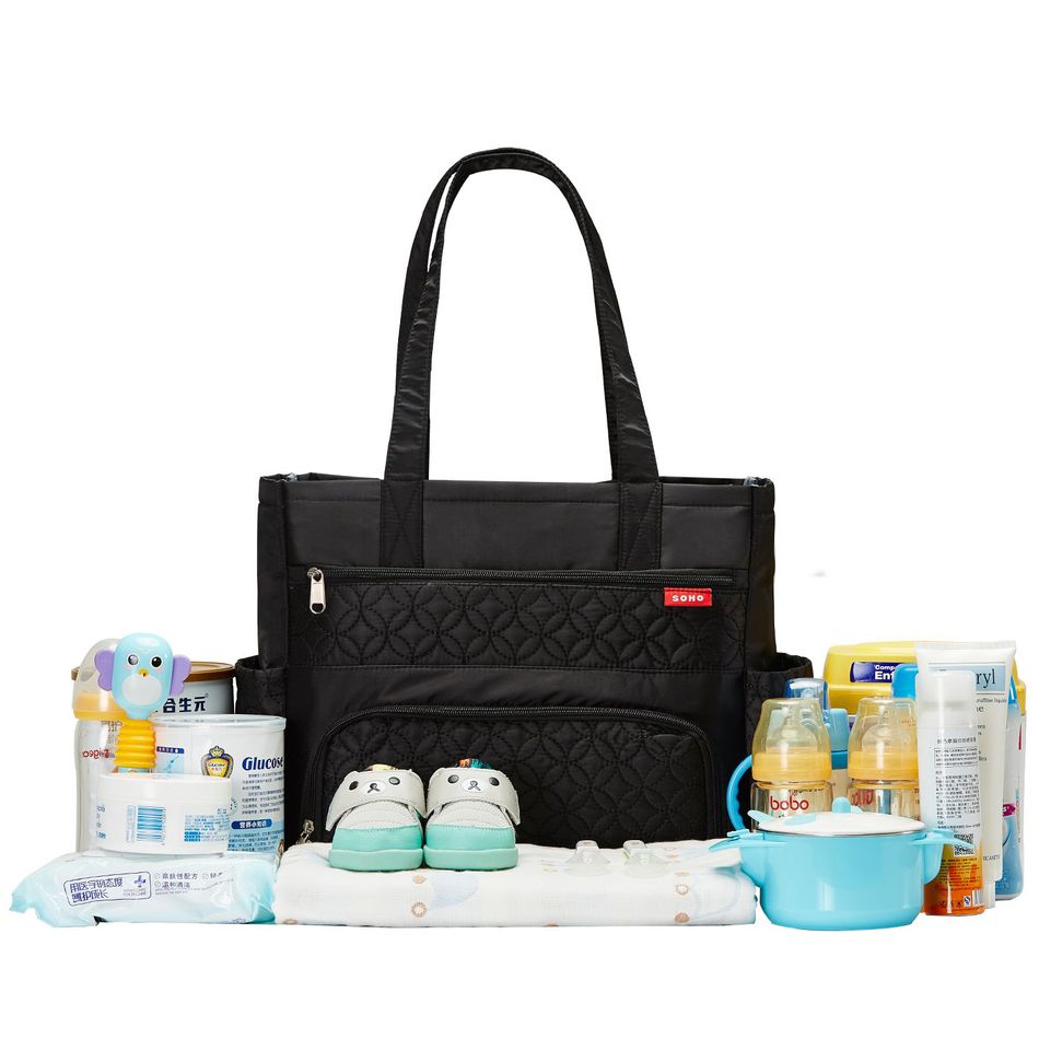 6-pack Diaper Tote Bag Set Multifunction Large Capacity Embroidered Mom Bag with Stroller Straps Buckle Black big image 3