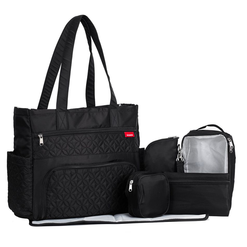 6-pack Diaper Tote Bag Set Multifunction Large Capacity Embroidered Mom Bag with Stroller Straps Buckle Black big image 4