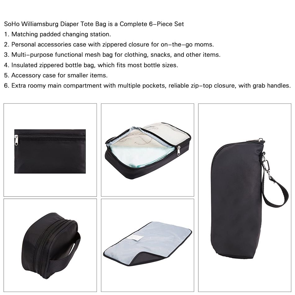 6-pack Diaper Tote Bag Set Multifunction Large Capacity Embroidered Mom Bag with Stroller Straps Buckle Black big image 7