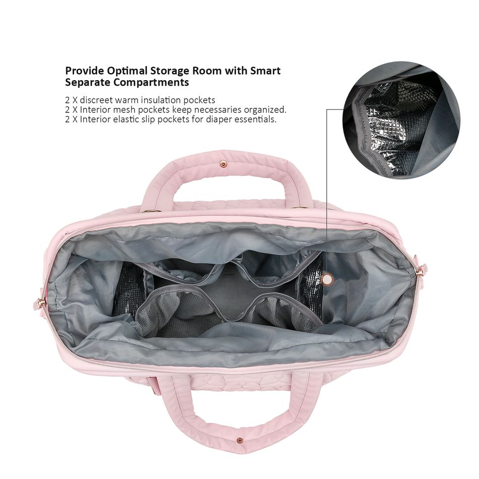 Diaper Bag Tote Quilted Plain Multifunction Mom Bag Travel Diaper Tote with Adjustable Shoulder Strap Pink big image 6