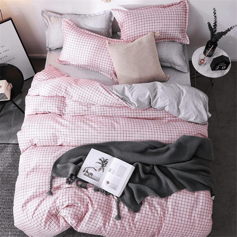 4 Pcs Simple Pattern Home Bed Cover Set Pink