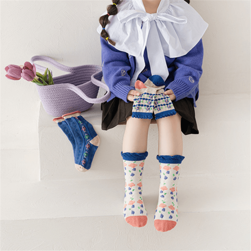 Conjunto de 3 pares de meias de jacquard floral colorblock bebê/criança Azul Marinho