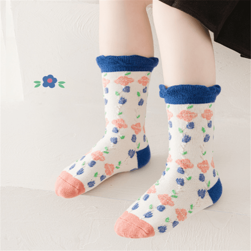Conjunto de 3 pares de meias de jacquard floral colorblock bebê/criança Azul Marinho big image 2