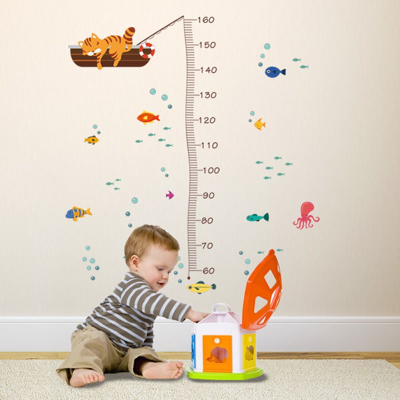 Gráfico de altura de crescimento infantil adesivos de parede mundo subaquático pequenos peixes decalques de parede removíveis decoração de fundo da sala Multicolorido