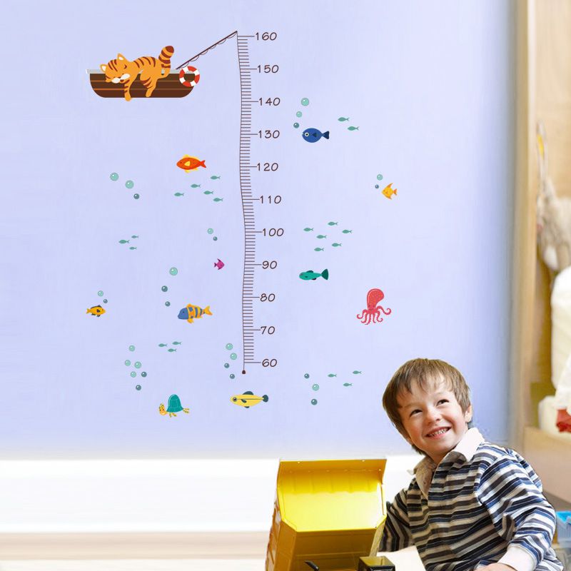 Gráfico de altura de crescimento infantil adesivos de parede mundo subaquático pequenos peixes decalques de parede removíveis decoração de fundo da sala Multicolorido big image 3