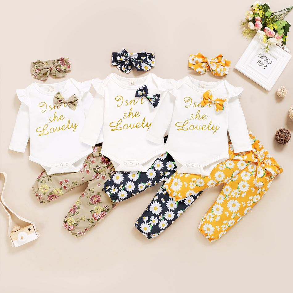 3pcs Letter and Floral Print Long-sleeve Baby Set Yellow