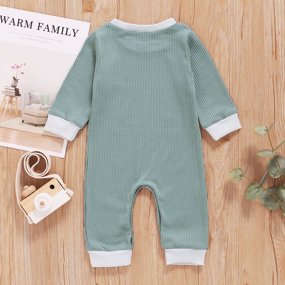 Ribbed Solid Long-sleeve Baby Jumpsuit Light Green big image 5