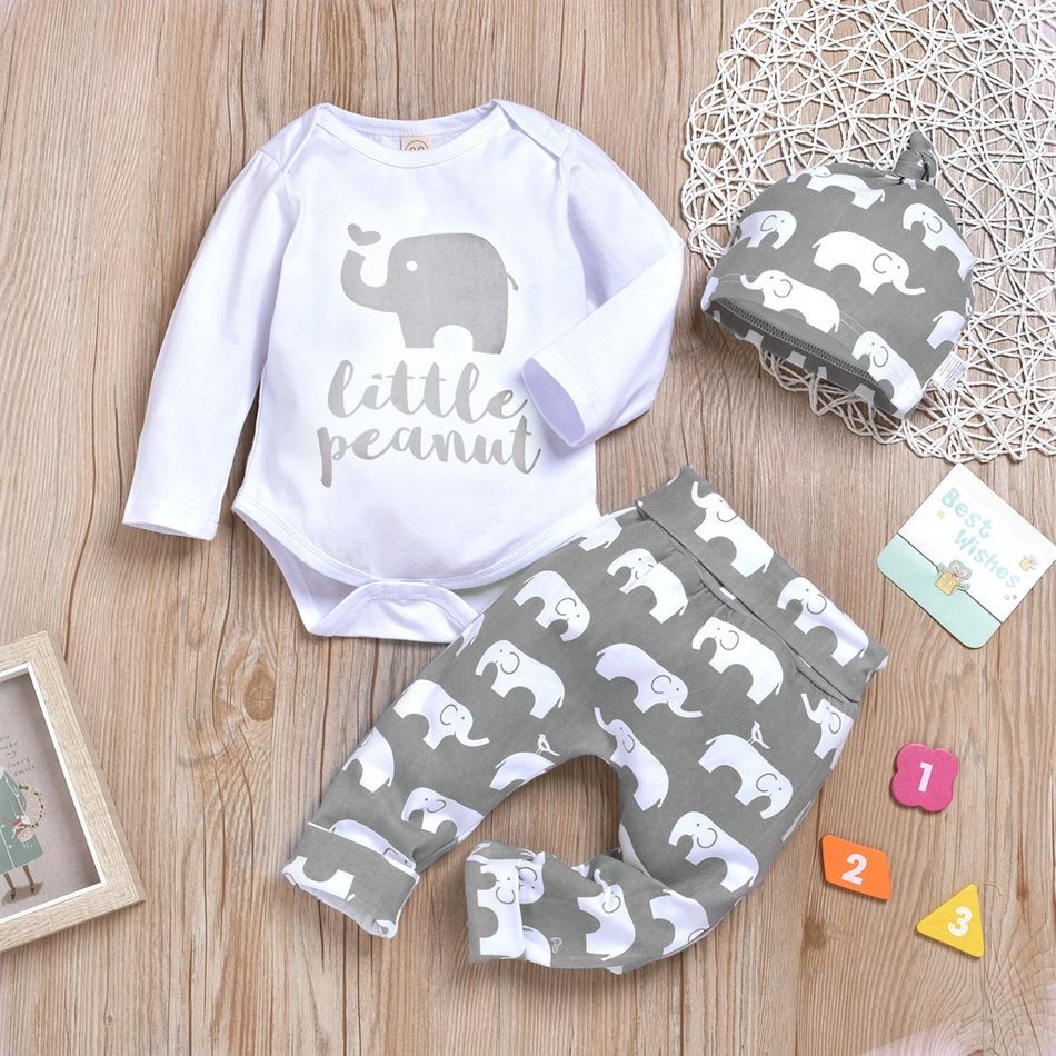 3pcs Baby Boy/Girl 95% Cotton Long-sleeve Letter and Elephant Print Set Multi-color big image 1