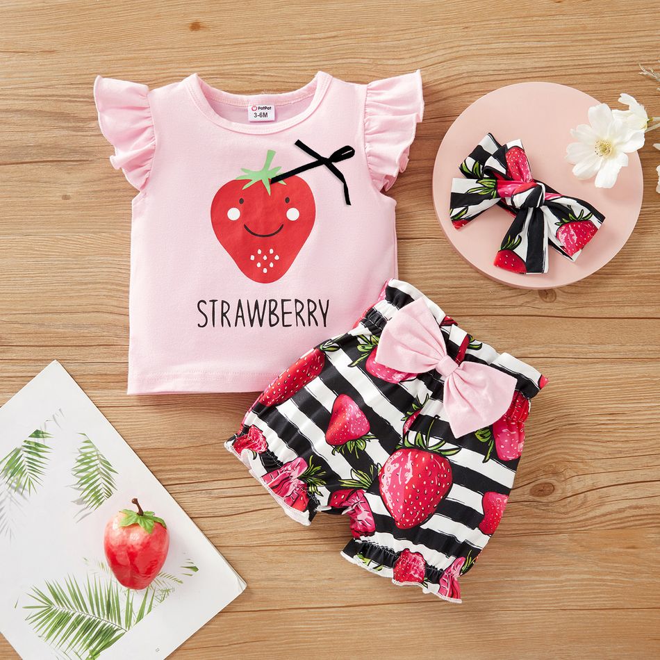 3pcs Strawberry and Stripe Print Flutter-sleeve Pink Baby Set Pink