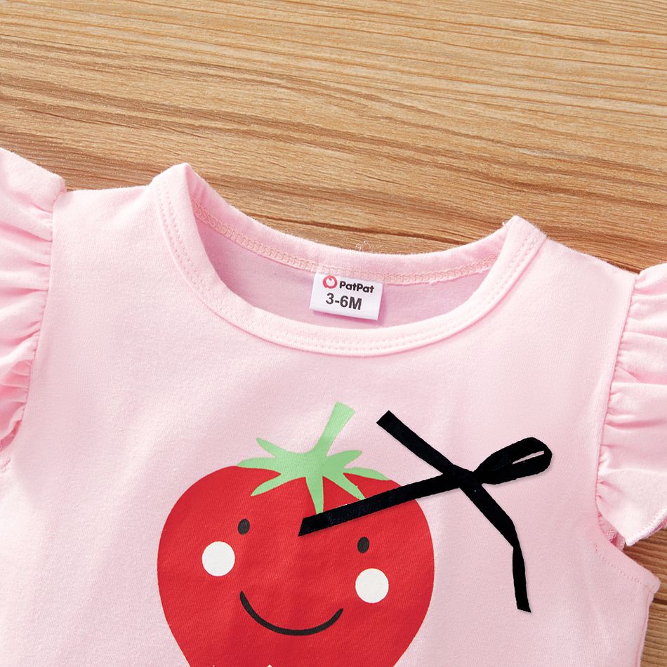 3pcs Strawberry and Stripe Print Flutter-sleeve Pink Baby Set Pink big image 2