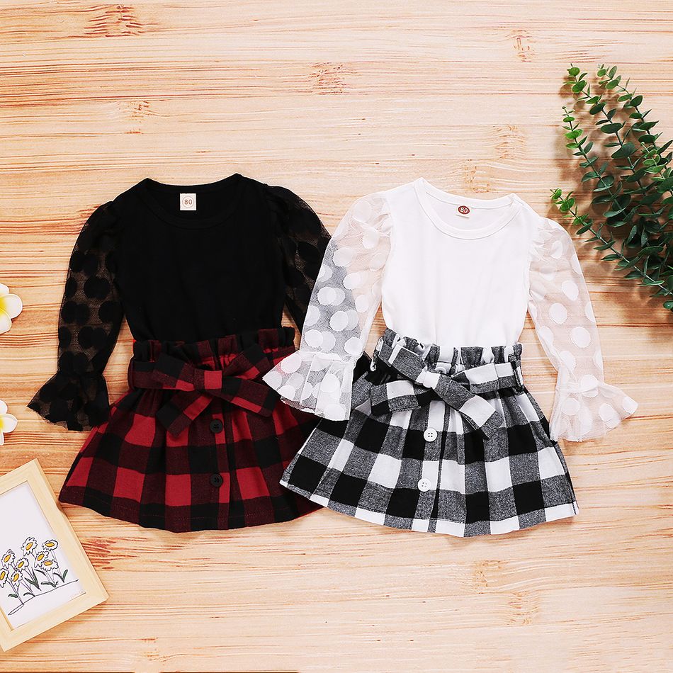 2-piece Toddler Girl Polka dots Mesh Puff-sleeve Blouse and Button Design Plaid Skirt with Belt Set White big image 3
