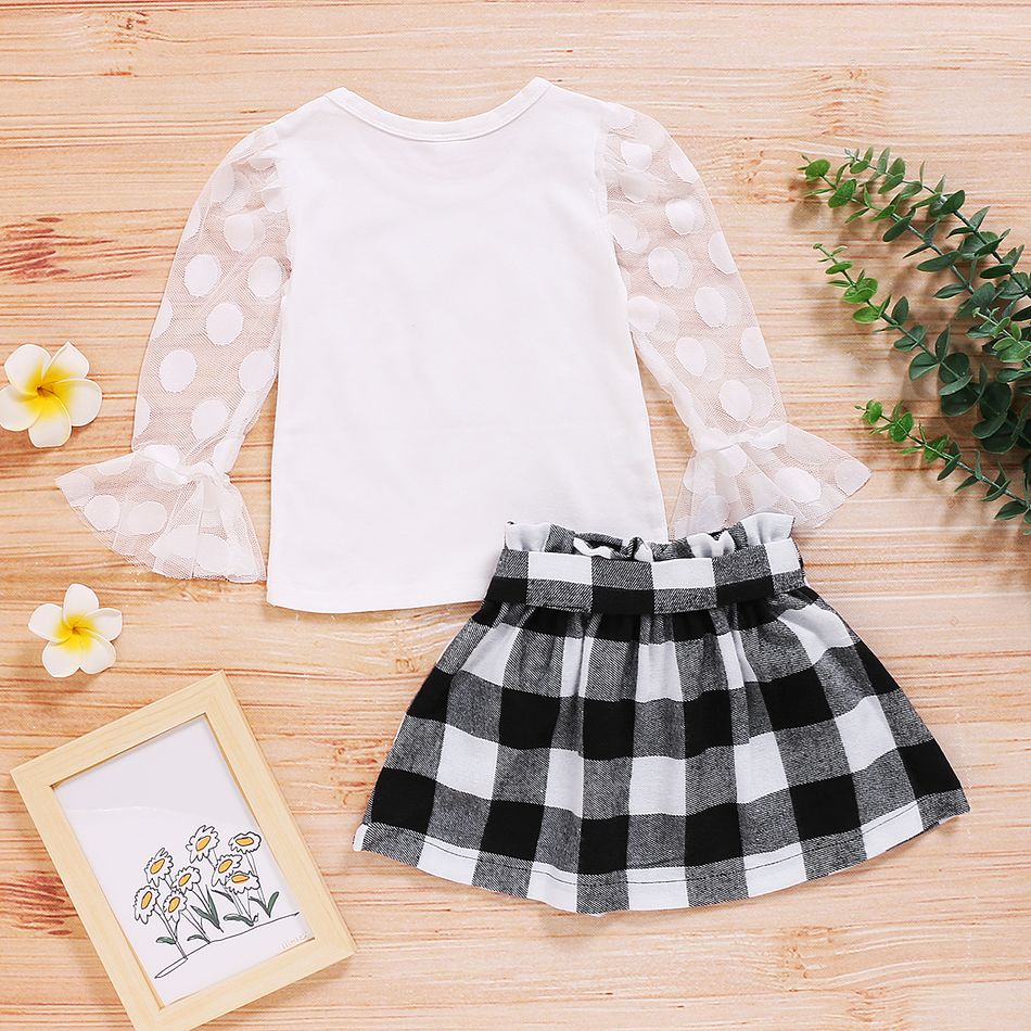2-piece Toddler Girl Polka dots Mesh Puff-sleeve Blouse and Button Design Plaid Skirt with Belt Set White big image 4