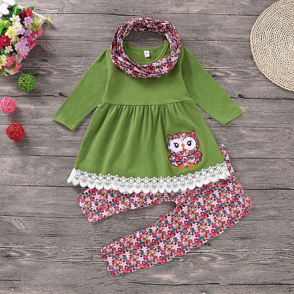 3-piece Toddler Girl Owl Embroidery Lace Decor Long-sleeve Top, Floral Print Pants and Scarf Set Green