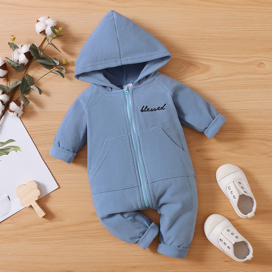 Solid Embroidery Decor Hooded Long-sleeve Baby Jumpsuit Light Blue