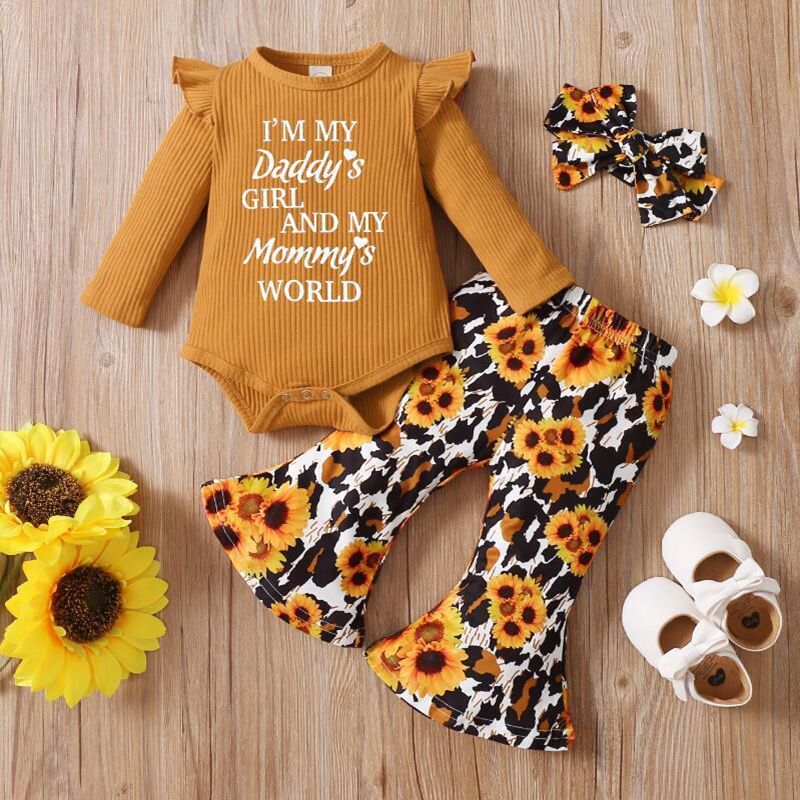 3pcs Baby Letter Embroidered Ribbed Long-sleeve Romper and Sunflower Floral Print Bell Bottom Pants Set Ginger big image 1