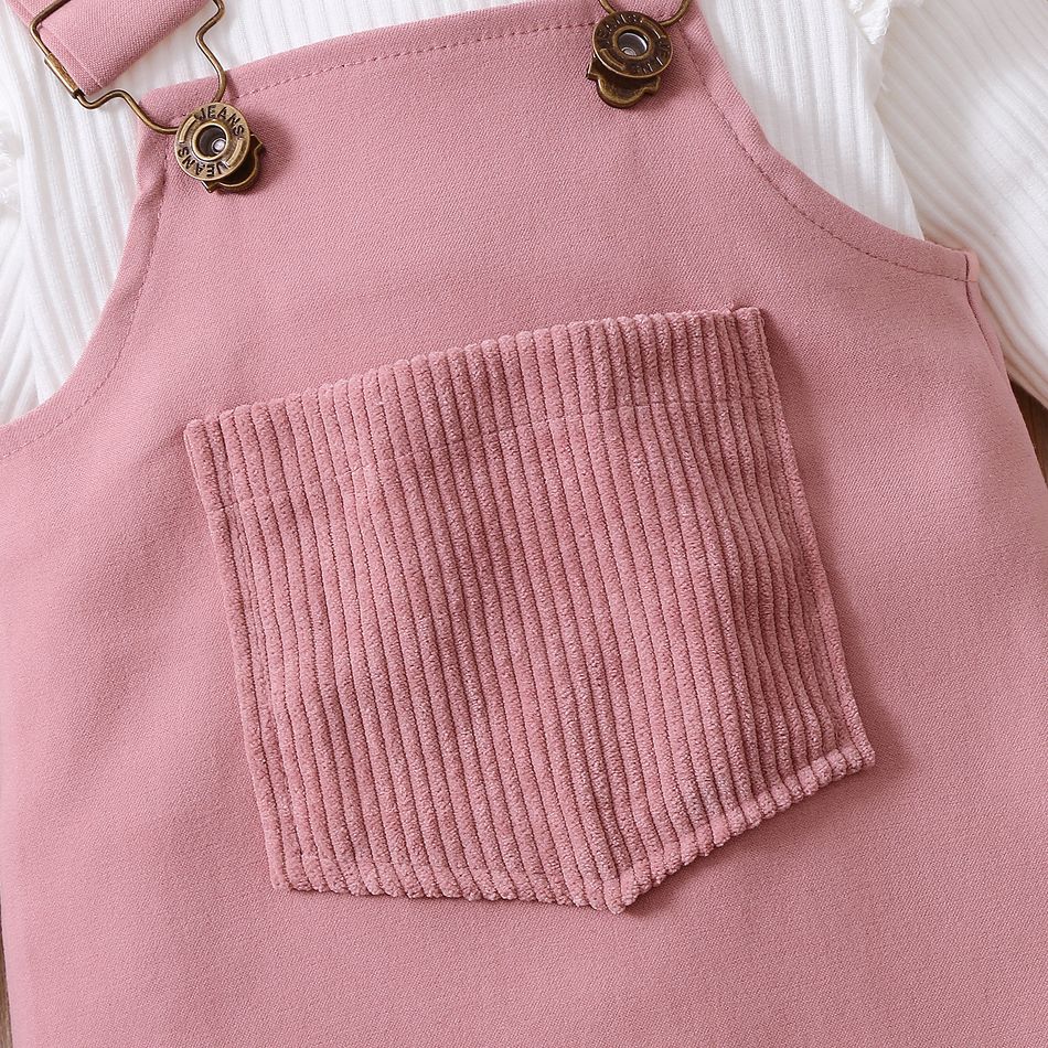 3pcs Baby Girl 95% Cotton Ribbed Long-sleeve Romper and Solid Suspender Dress with Headband Set Pink big image 2