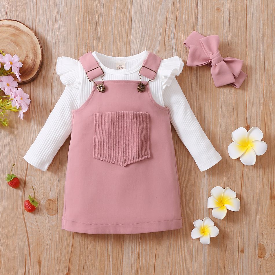 3pcs Baby Girl 95% Cotton Ribbed Long-sleeve Romper and Solid Suspender Dress with Headband Set Pink big image 6