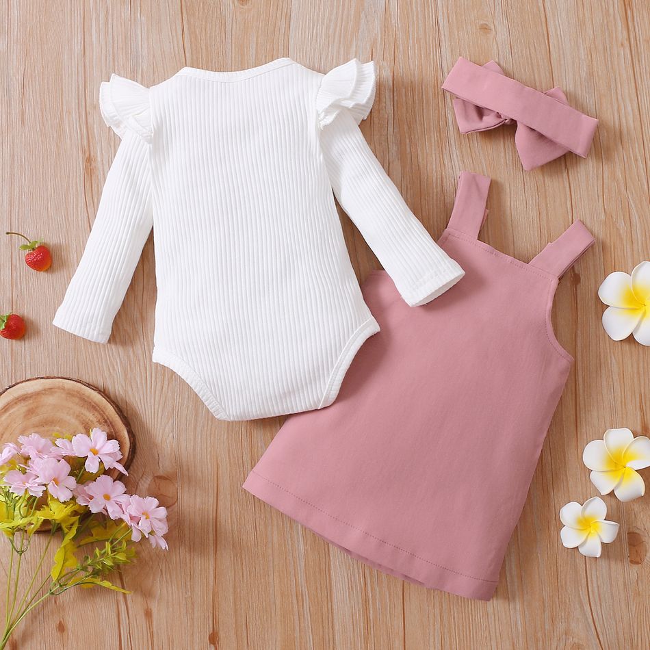 3pcs Baby Girl 95% Cotton Ribbed Long-sleeve Romper and Solid Suspender Dress with Headband Set Pink big image 7