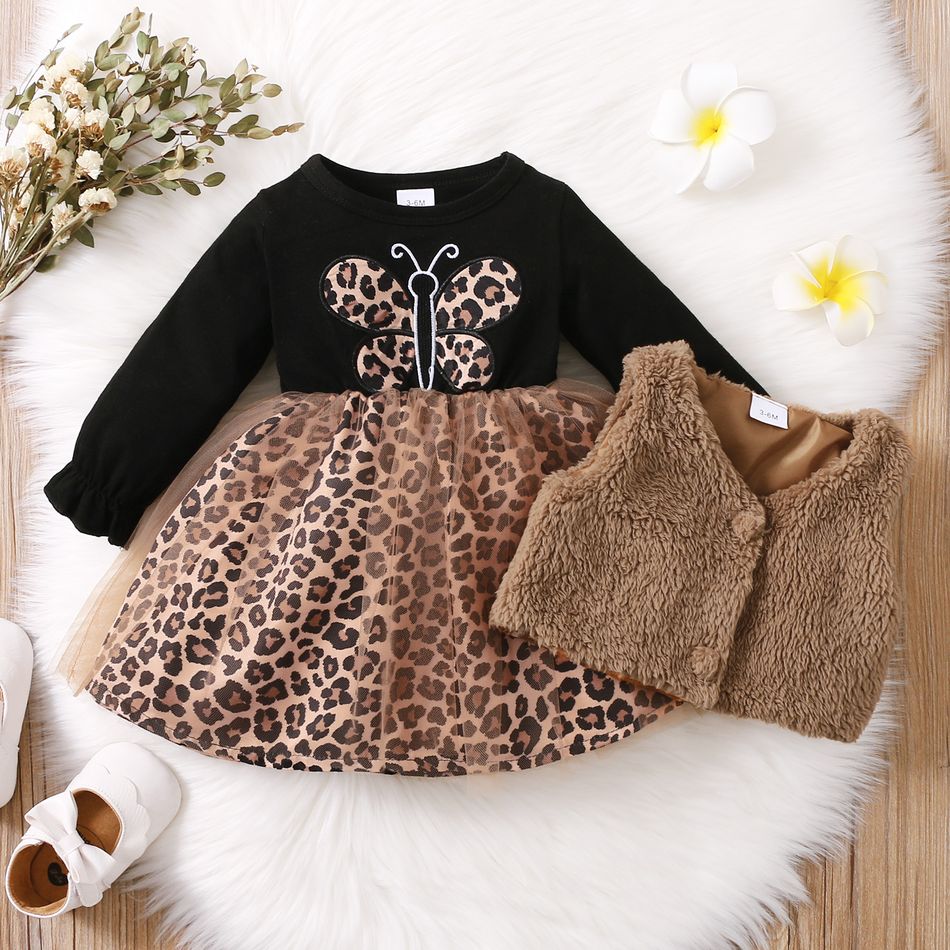 Baby 2pcs Butterfly Leopard Long-sleeve Mesh Splice Dress and Fuzzy Fleece Vest Set Black