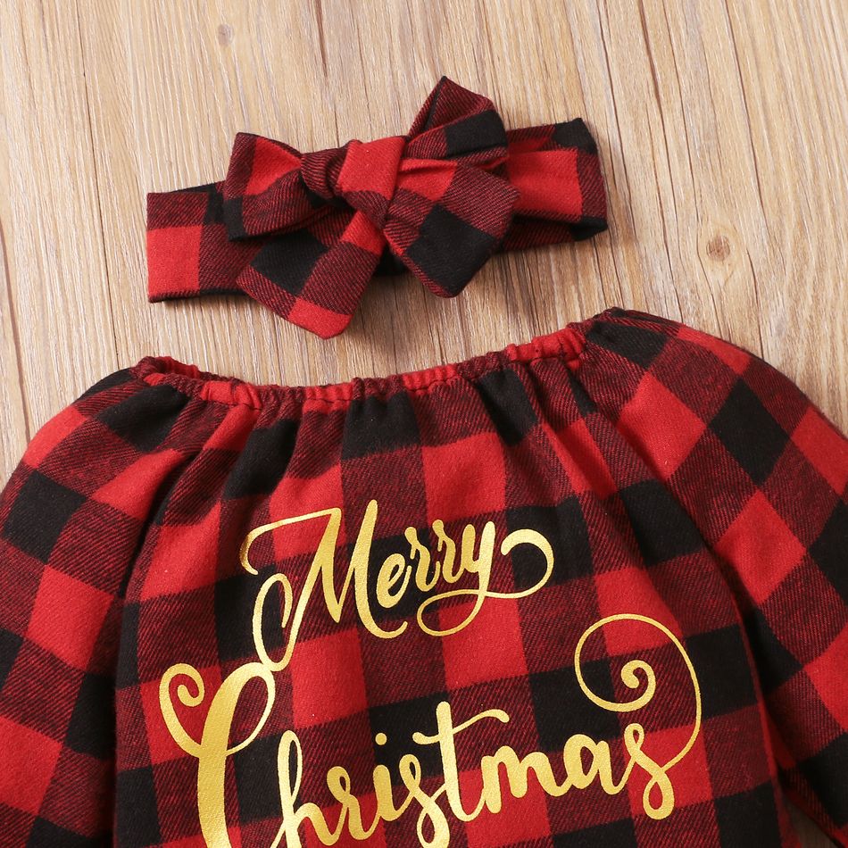 3pcs Baby Christmas Letter Print Long-sleeve Red Plaid Romper and Mesh Tutu Skirt Set Red big image 5
